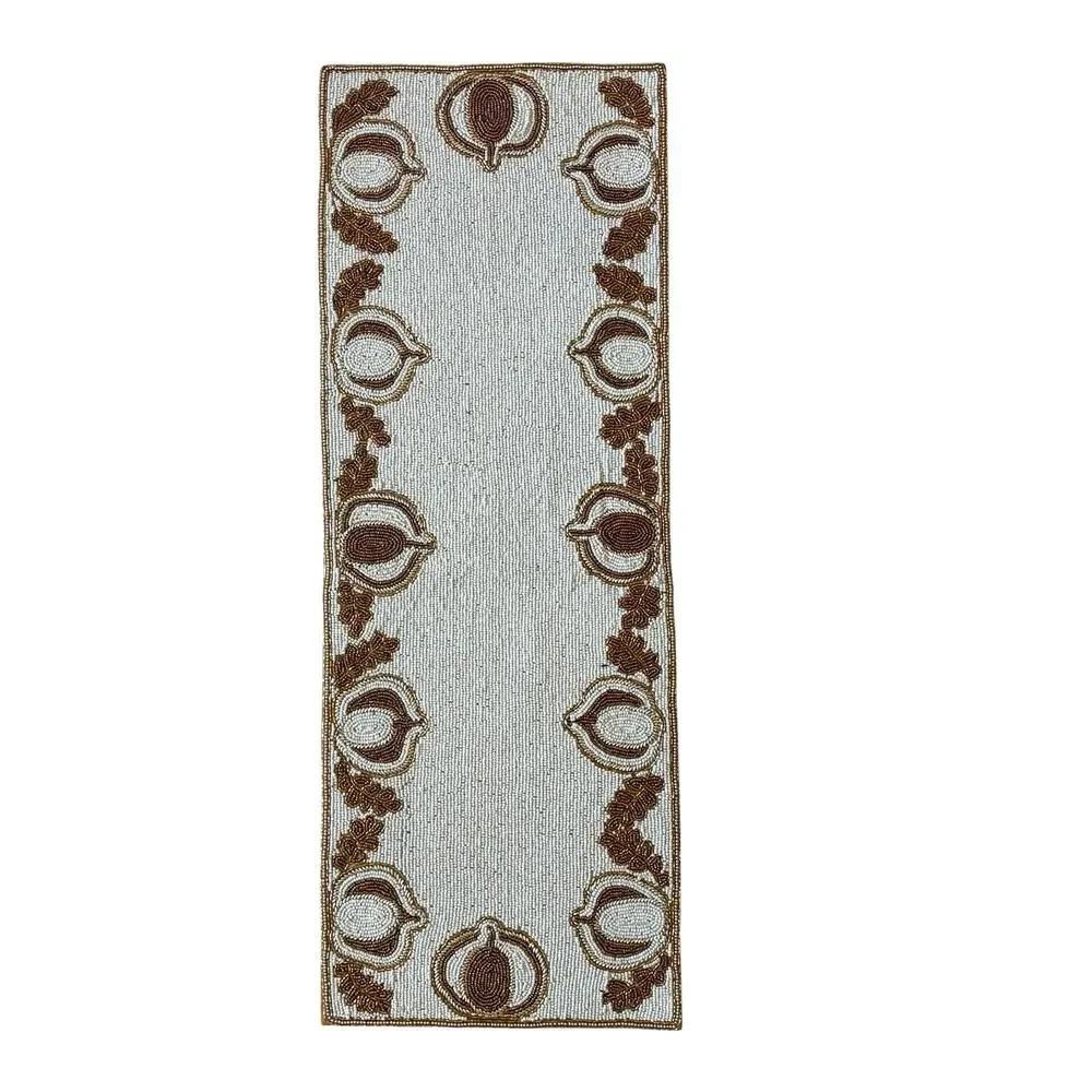 TAHARI Beaded Pumpkin Border Table Runner 13x36 White & Gold Chic Fall Decor NEW